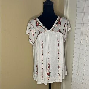 Lucky Brand White Top with Red Floral Embroidery